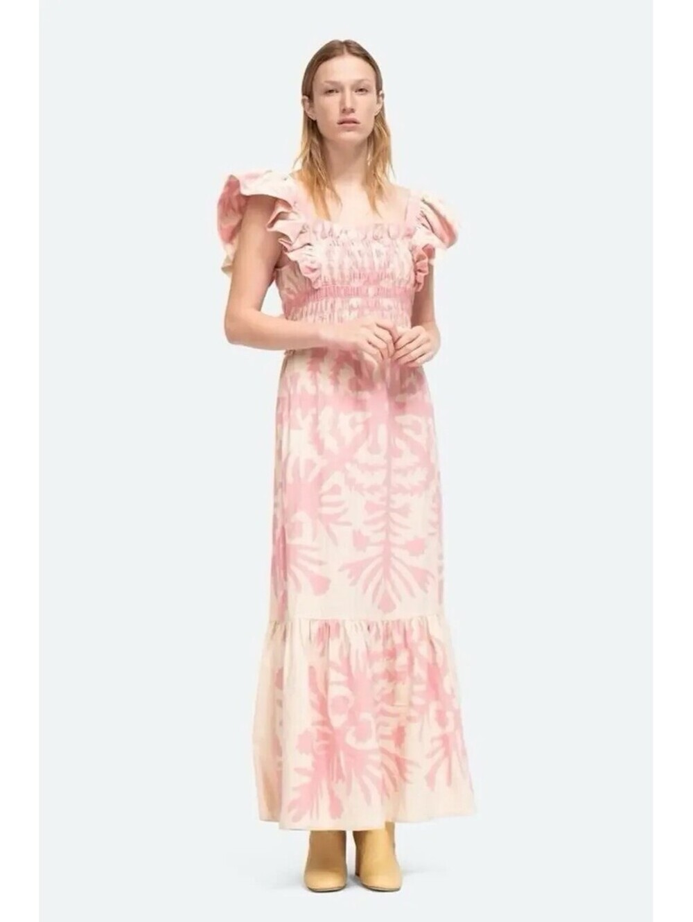 Sea New York EUC Women's Henrietta Pink Ruffle Smocked Maxi Dress Tie Back Sz S